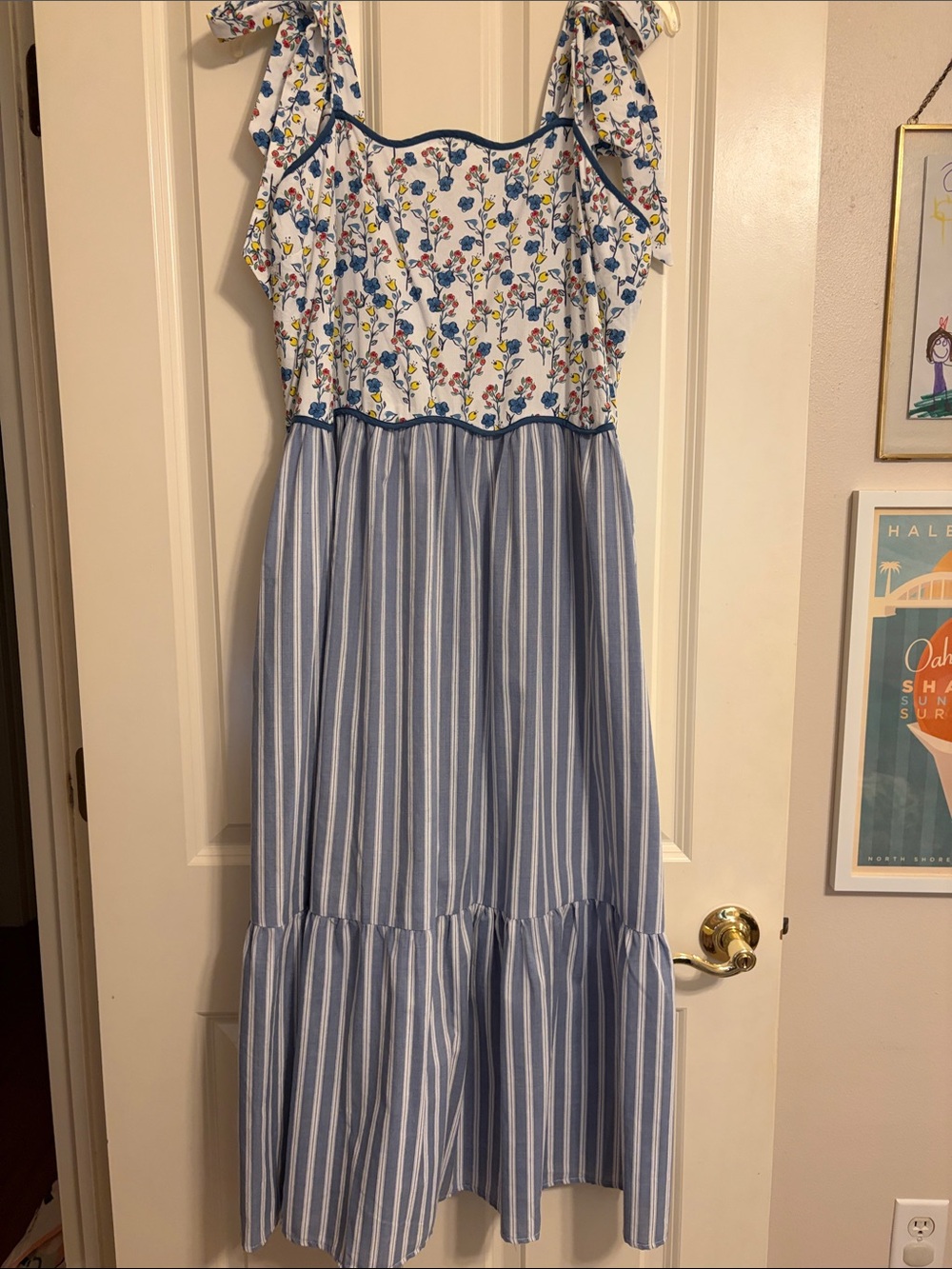 ODDY Blue & White Striped Midi Dress with Floral Bodice